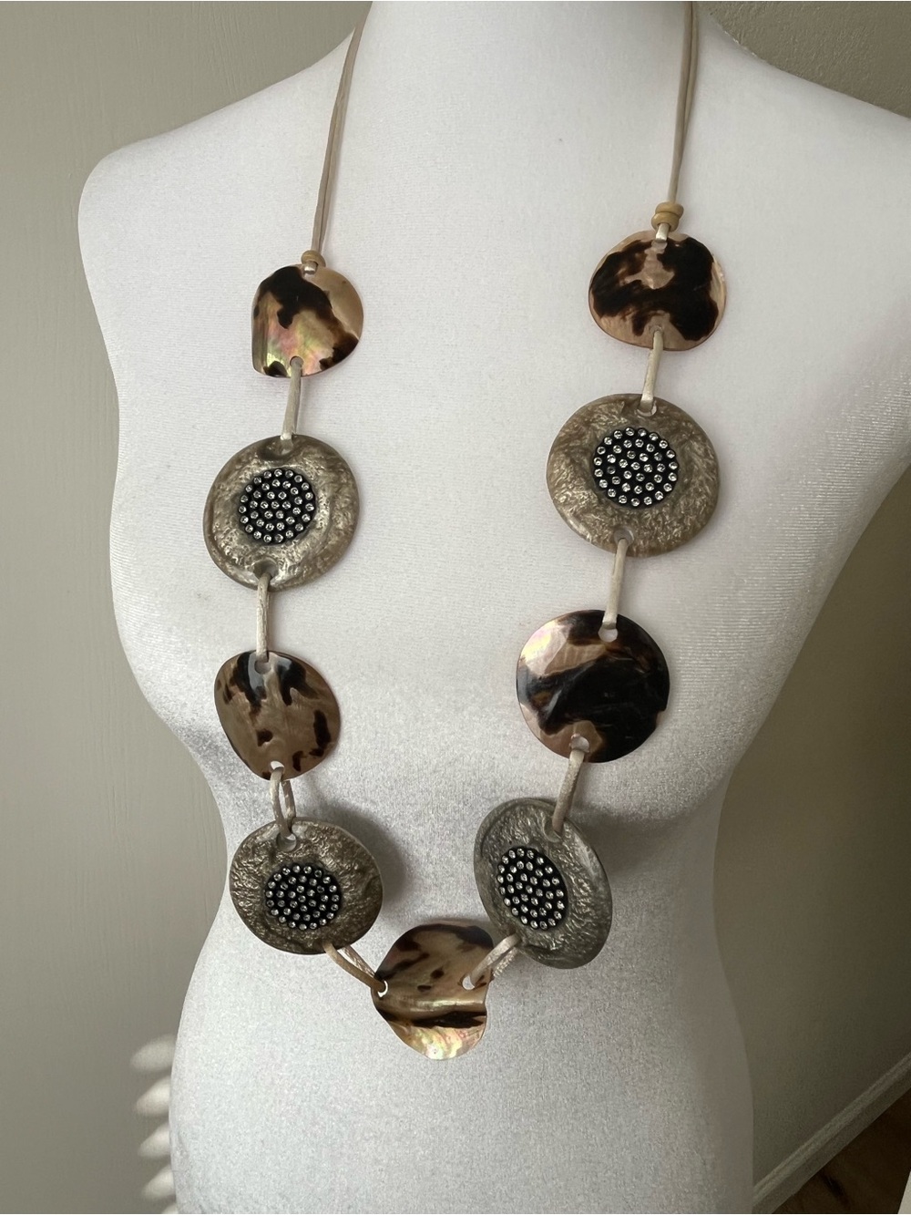 Rhinestone Faux Tortoise Statement Necklace Long 30”